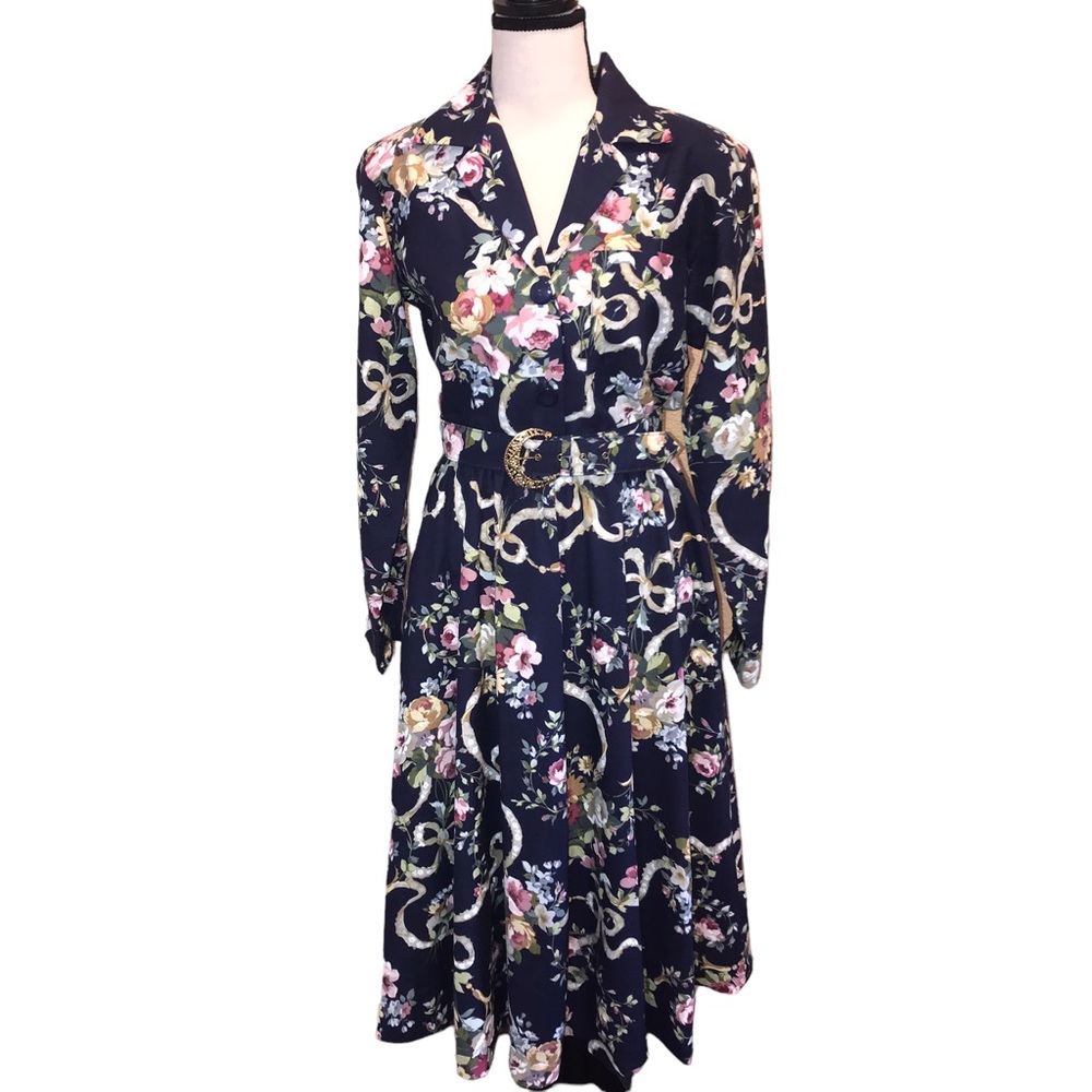 Vintage Maxi Dress Navy Blue Floral Print Belted Long Sleeve and Collared V Neck